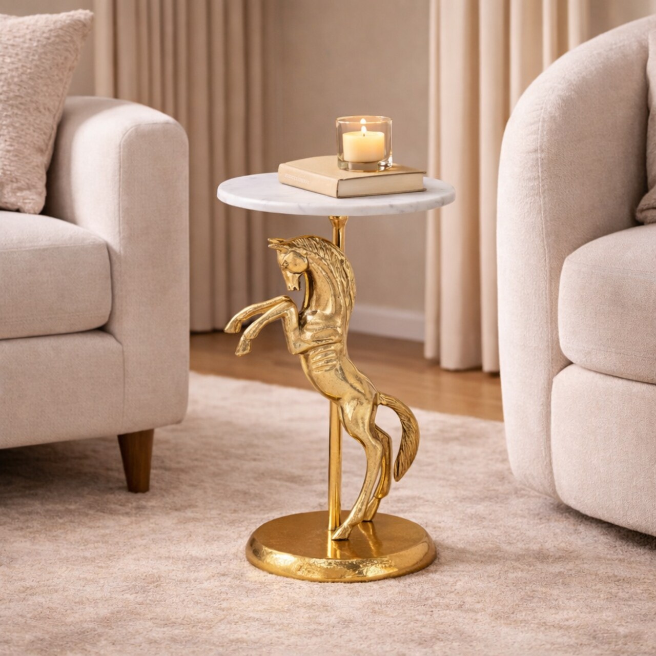 Swan Side Table with White Marble Top | Decorative Sculptural End Table | Aluminum Base | Gold Accent Table for Living Room | 10x10x25.5"